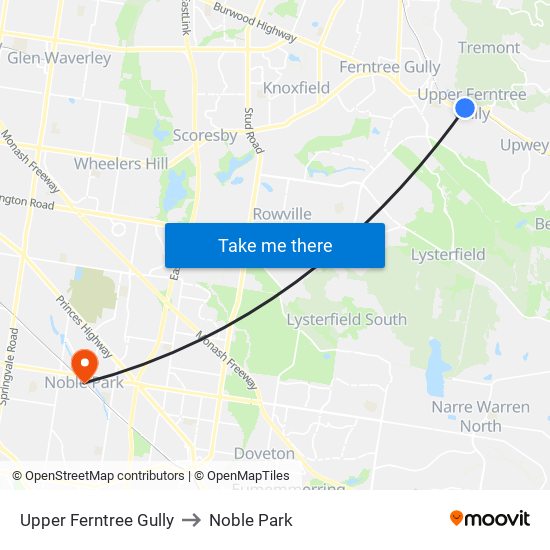 Upper Ferntree Gully to Noble Park map