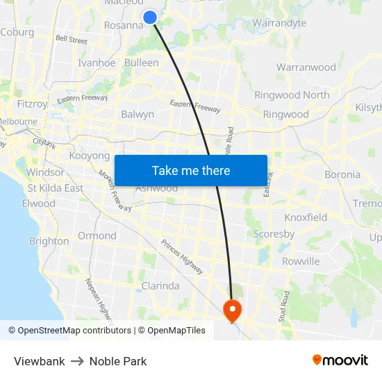 Viewbank to Noble Park map
