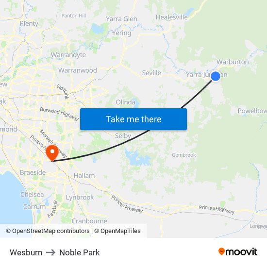 Wesburn to Noble Park map