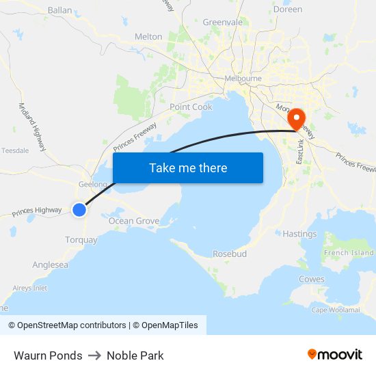 Waurn Ponds to Noble Park map