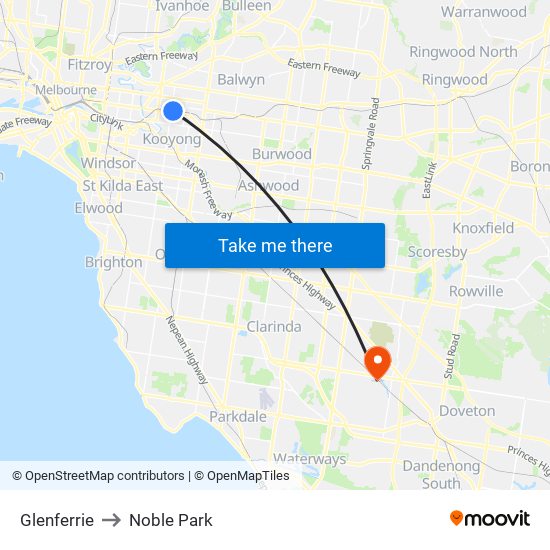 Glenferrie to Noble Park map