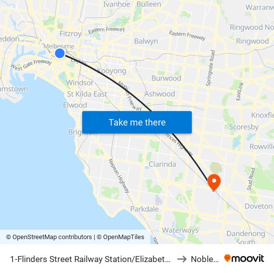 1-Flinders Street Railway Station/Elizabeth St (Melbourne City) to Noble Park map