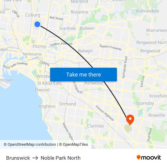 Brunswick to Noble Park North map