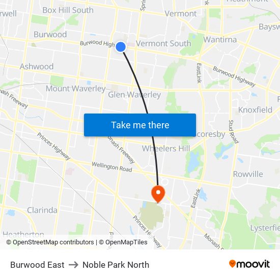 Burwood East to Noble Park North map