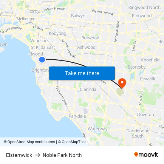 Elsternwick to Noble Park North map