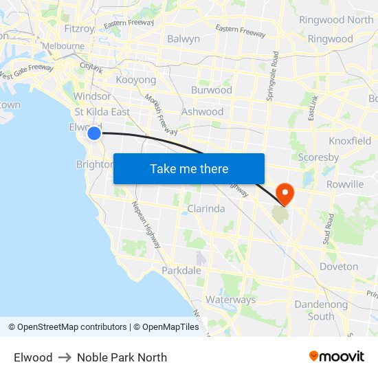 Elwood to Noble Park North map
