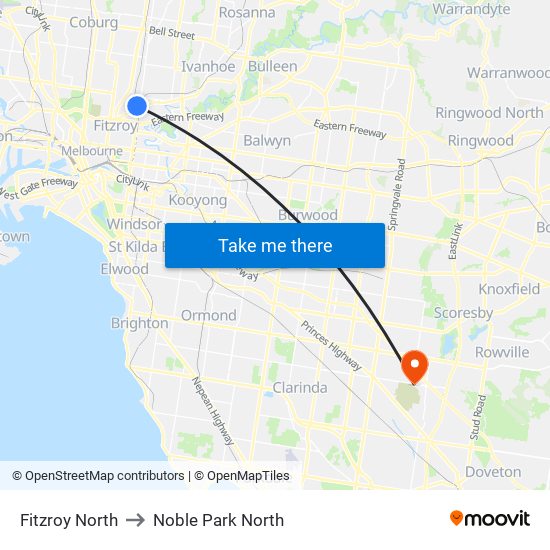 Fitzroy North to Noble Park North map
