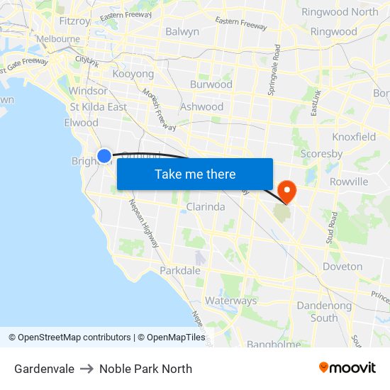 Gardenvale to Noble Park North map