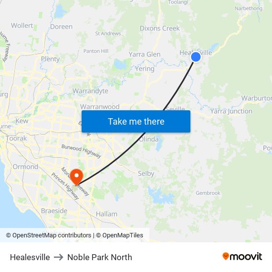 Healesville to Noble Park North map