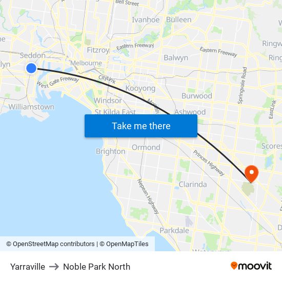 Yarraville to Noble Park North map