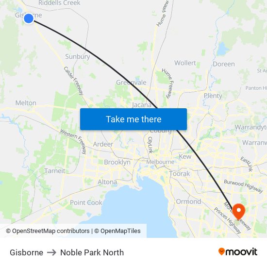 Gisborne to Noble Park North map