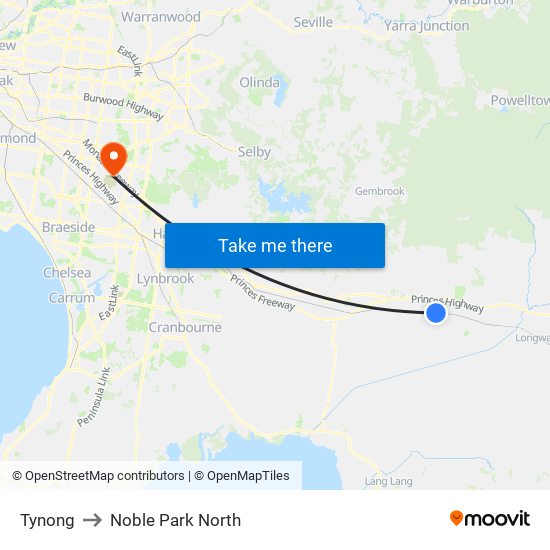 Tynong to Noble Park North map