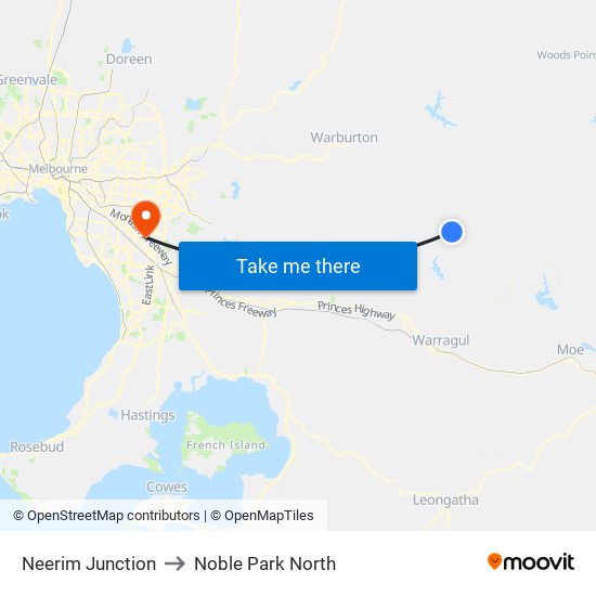 Neerim Junction to Noble Park North map