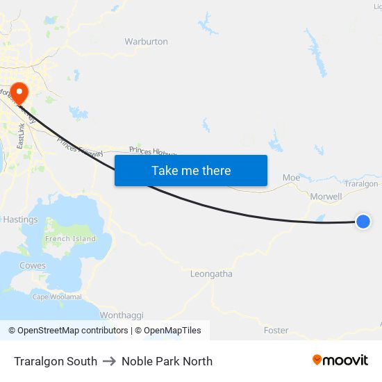 Traralgon South to Noble Park North map