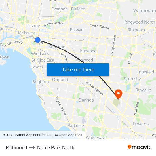 Richmond to Noble Park North map