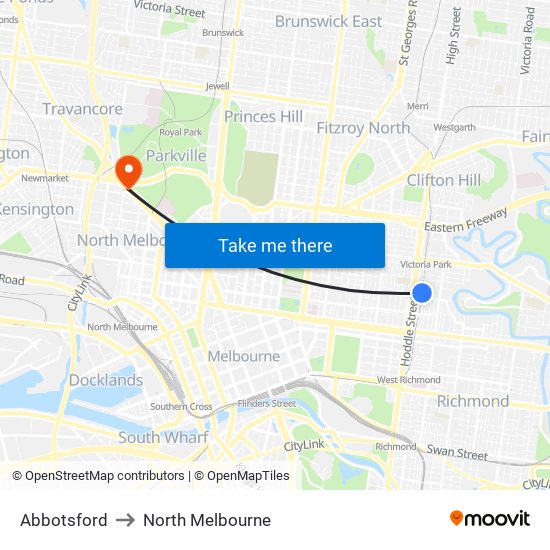 Abbotsford to North Melbourne map