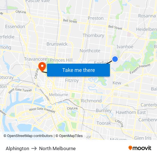 Alphington to North Melbourne map