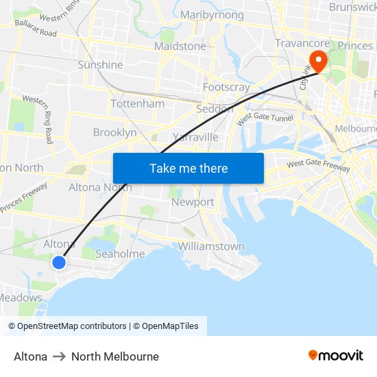 Altona to North Melbourne map