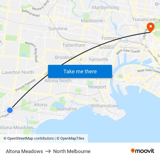 Altona Meadows to North Melbourne map