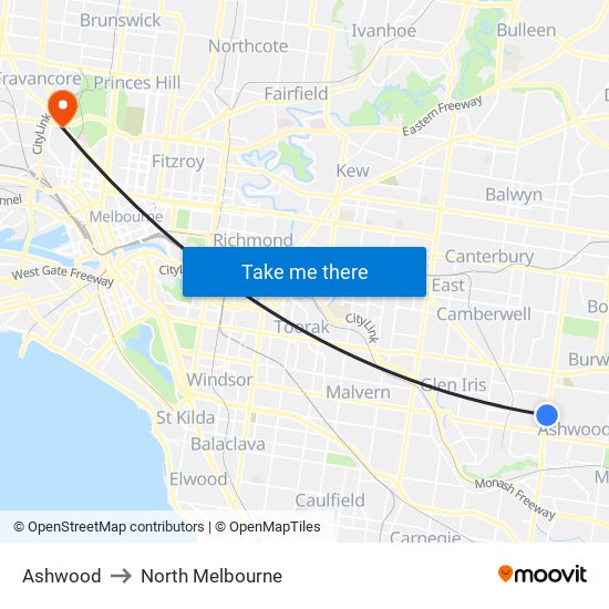 Ashwood to North Melbourne map