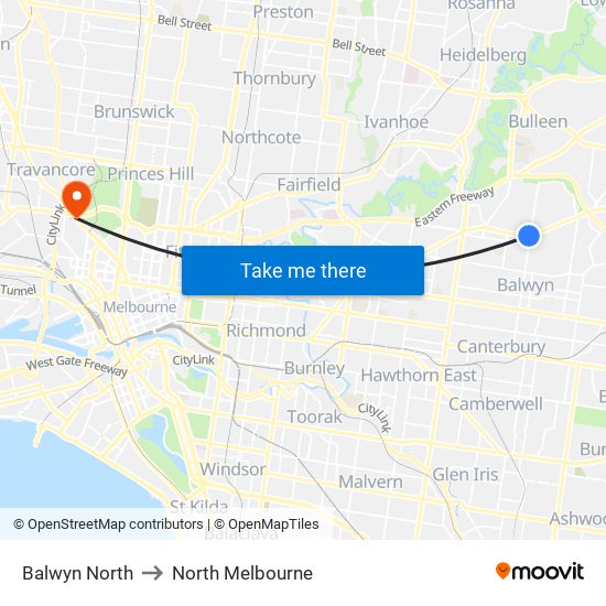 Balwyn North to North Melbourne map