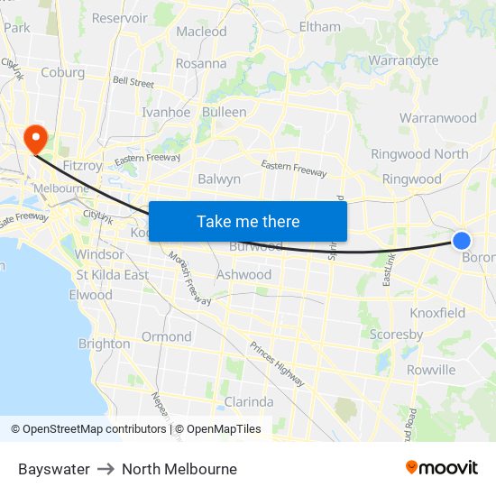 Bayswater to North Melbourne map