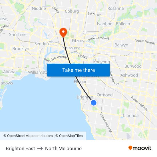 Brighton East to North Melbourne map