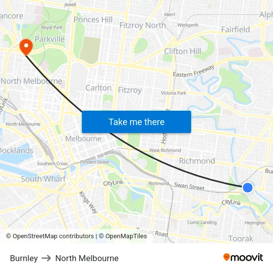 Burnley to North Melbourne map