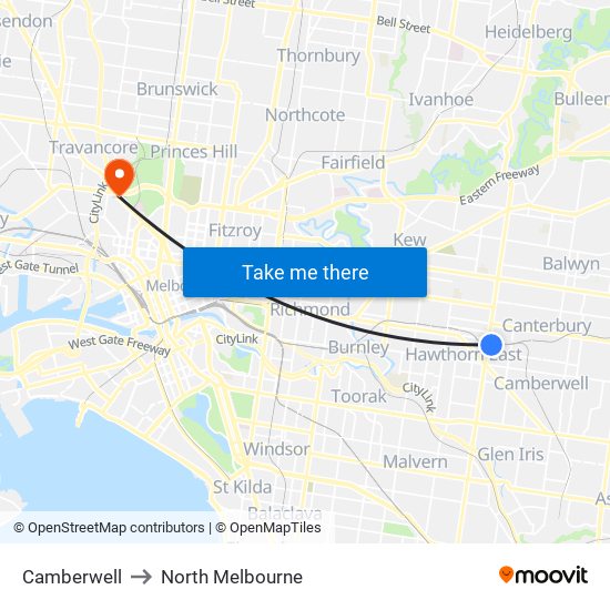 Camberwell to North Melbourne map