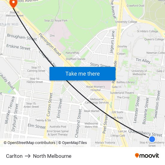 Carlton to North Melbourne map