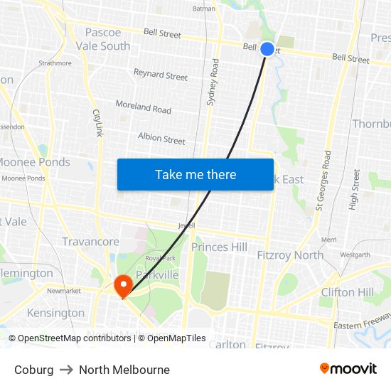Coburg to North Melbourne map