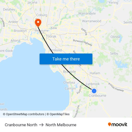 Cranbourne North to North Melbourne map