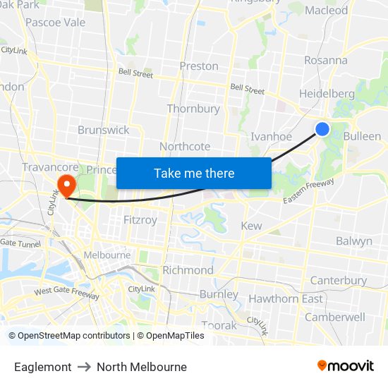 Eaglemont to North Melbourne map