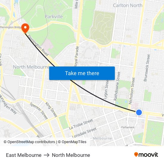 East Melbourne to North Melbourne map
