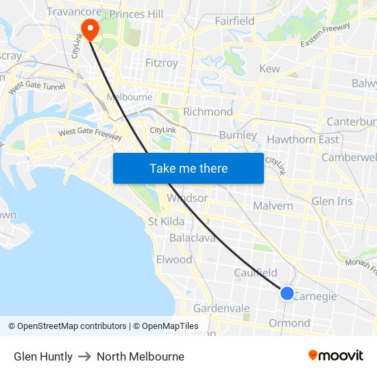 Glen Huntly to North Melbourne map