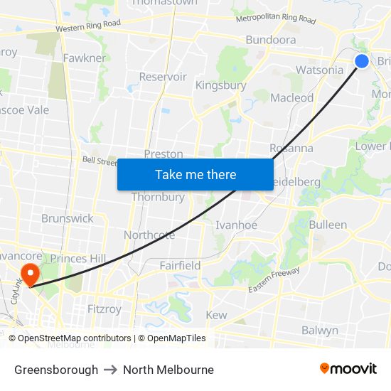 Greensborough to North Melbourne map