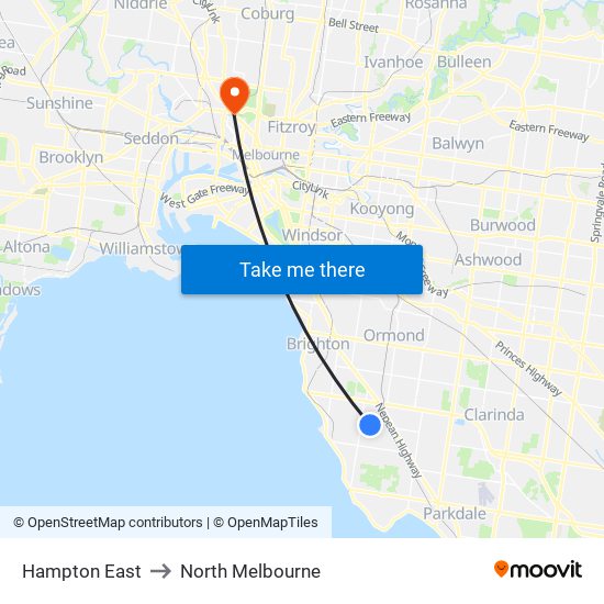 Hampton East to North Melbourne map