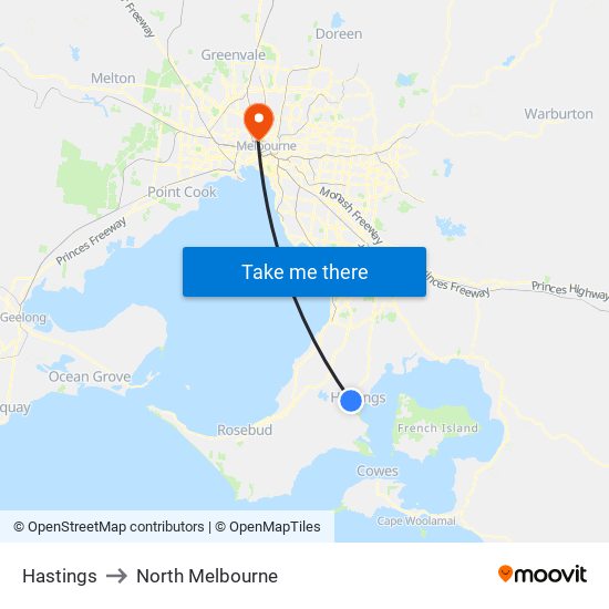 Hastings to North Melbourne map