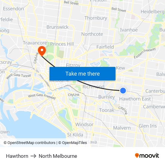 Hawthorn to North Melbourne map