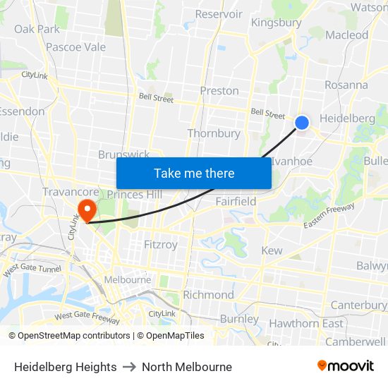 Heidelberg Heights to North Melbourne map