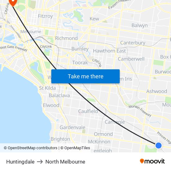 Huntingdale to North Melbourne map