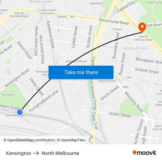 Kensington to North Melbourne map