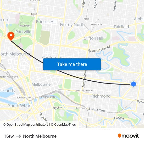 Kew to North Melbourne map