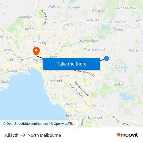 Kilsyth to North Melbourne map