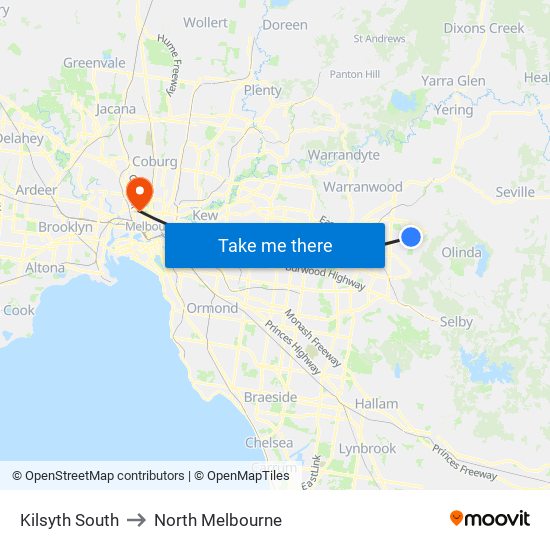 Kilsyth South to North Melbourne map