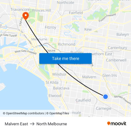 Malvern East to North Melbourne map