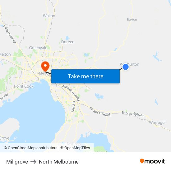 Millgrove to North Melbourne map