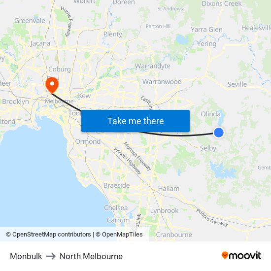 Monbulk to North Melbourne map