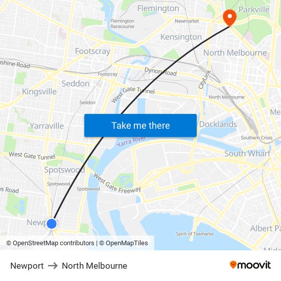 Newport to North Melbourne map