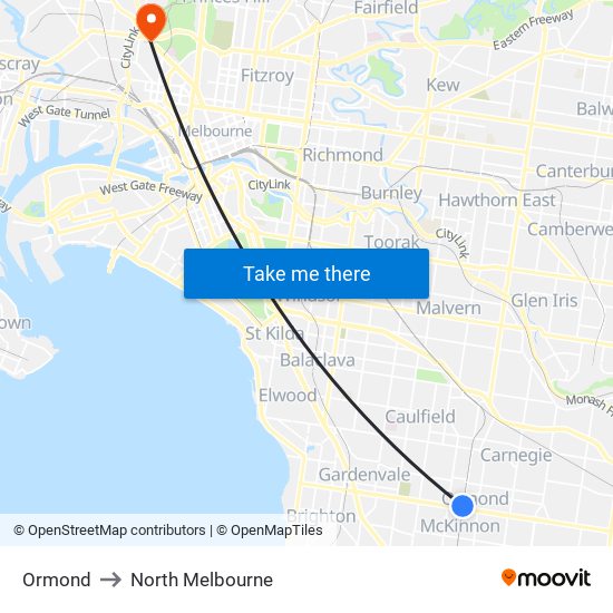 Ormond to North Melbourne map